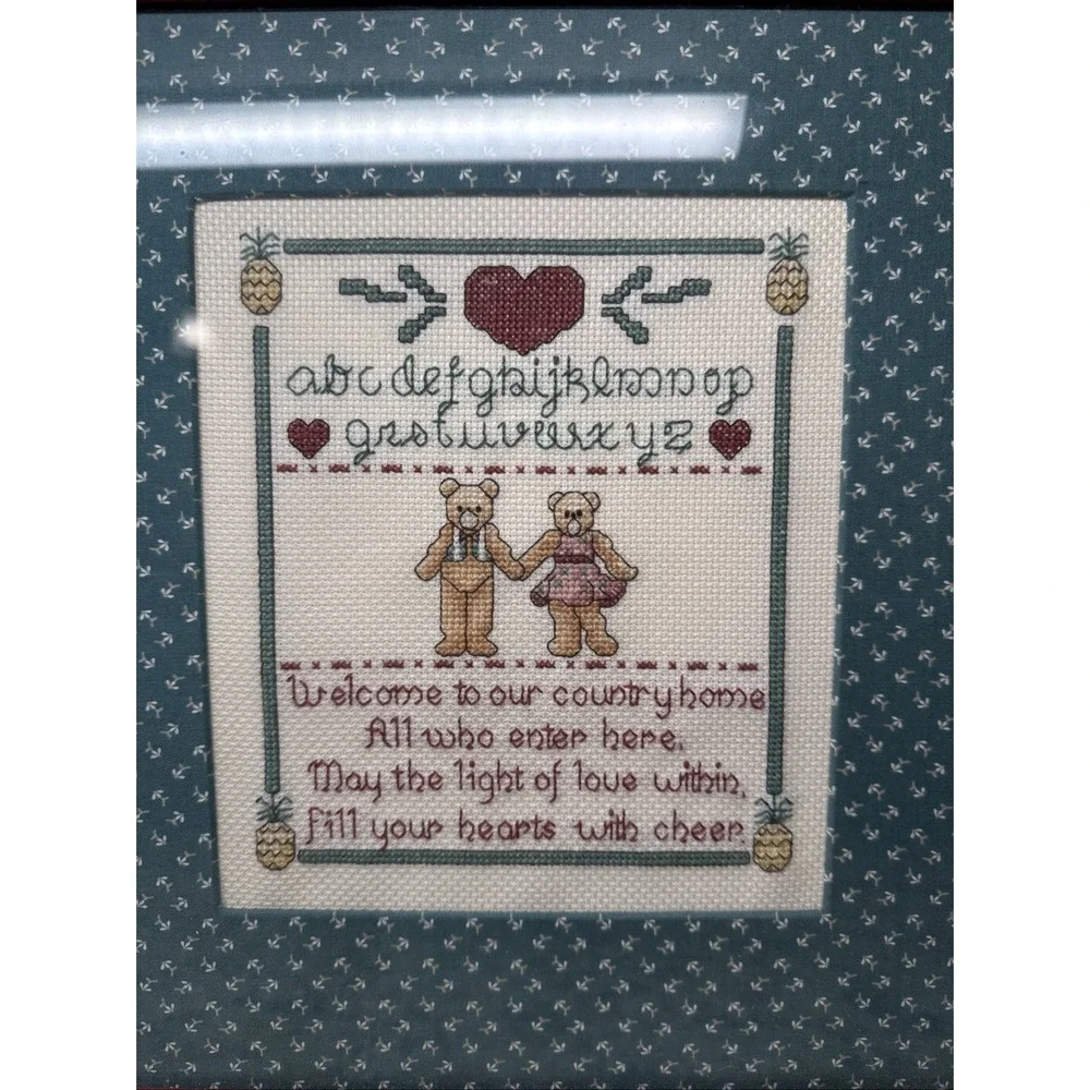 Vintage Country Framed Needle Point Teddy Bears Framed Art Work-cottage Core